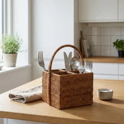 Charmille Firkantet Bestikholder med 4 rum i Rattan. Honey