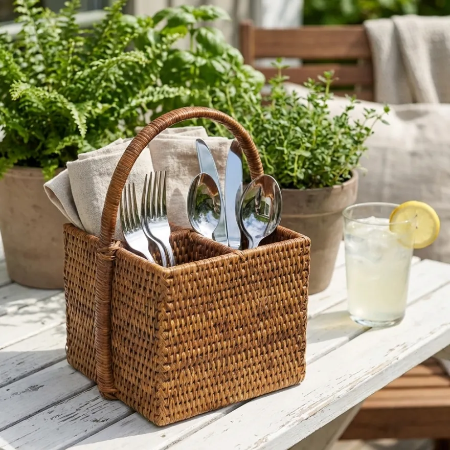 Charmille Firkantet Bestikholder med 4 rum i Rattan. Honey
