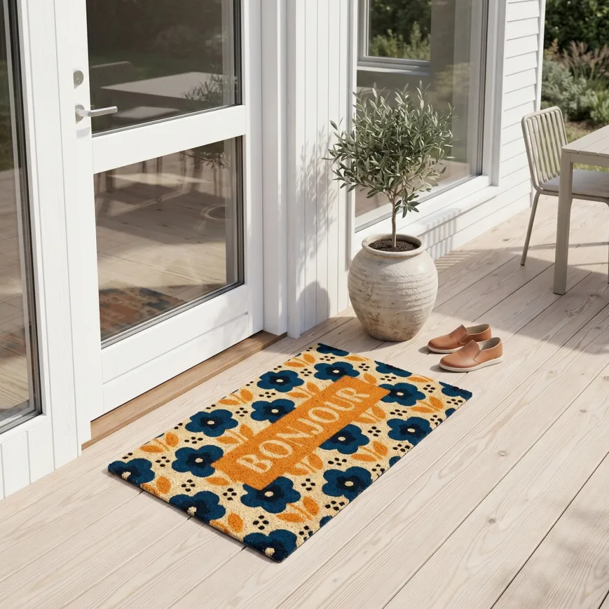 Dørmåtte i kokos fra Derrière la Porte - Bonjour Fleurs, bleu