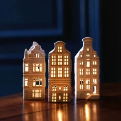 &Klevering Lyshuse - Hollandske Kanalhuse i Hvidt Porcelæn (3 stk)