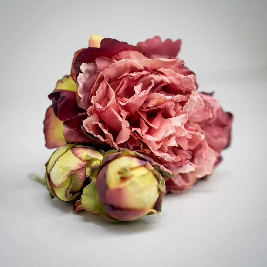 Kunstig Blomst - Pæon med tre blomsterhoveder, Dark Rose, 64 cm