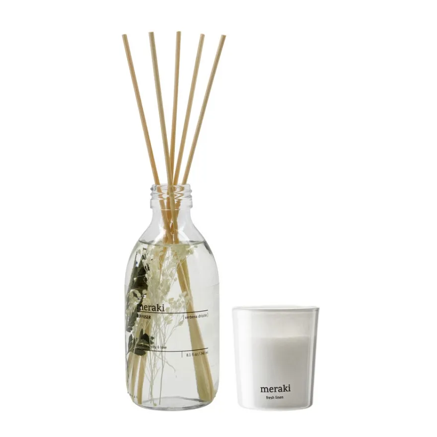 Meraki Gaveæske med Diffuser og Duftlys - Verbena & Fresh Linen