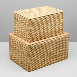 Opbevaringskurv med låg i rattan. Sæt med 2 stk
