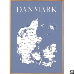 Plakat - Danmarkskort - blå
