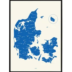 Plakat - Danmarkskort i kongeblå
