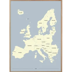 Plakat - Europakort i gul og lyseblå