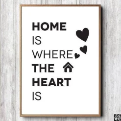 Plakat "Home is where the heart is" sort/hvid