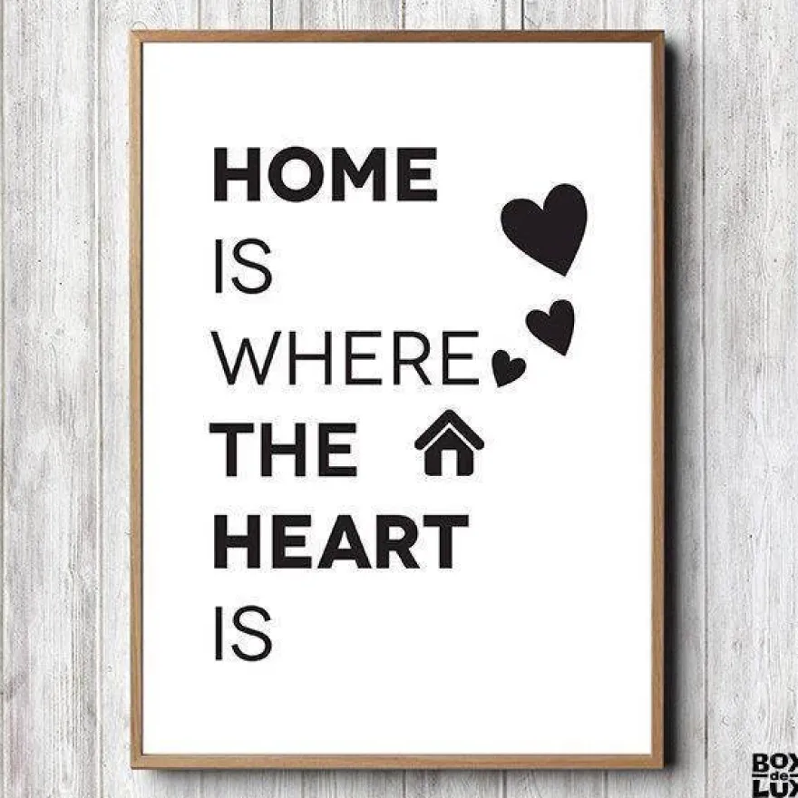Plakat "Home is where the heart is" sort/hvid