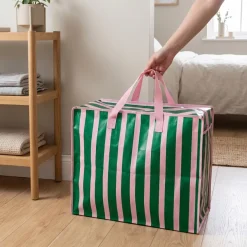 Rex London - Opbevaringspose til dyner - Striber Pink/Grøn