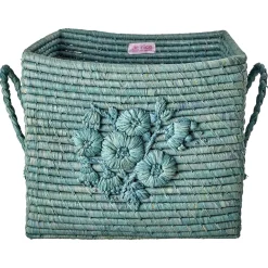 RICE Raffia kurv med hank - BLUE EMBROIDERY