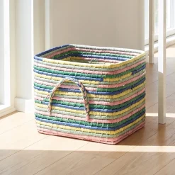 RICE Raffia kurv med hank - STRIPES, MULTI