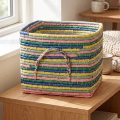 RICE Raffia kurv med hank - STRIPES, MULTI