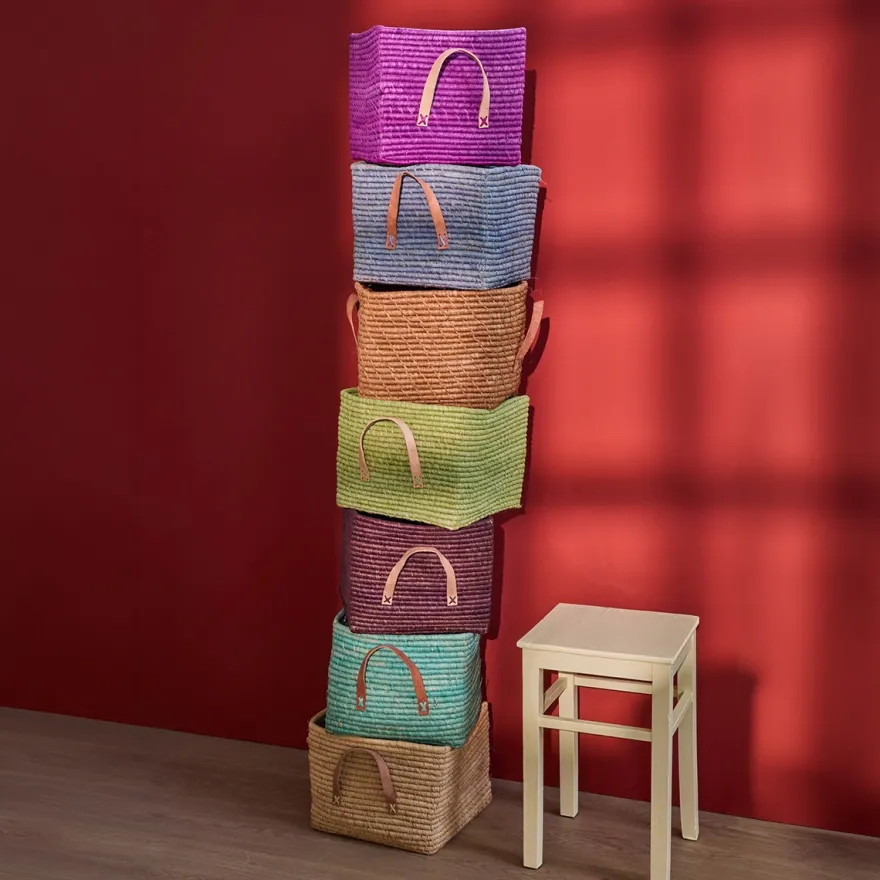 RICE Raffia kurv med læderhanke - Chokoladebrun