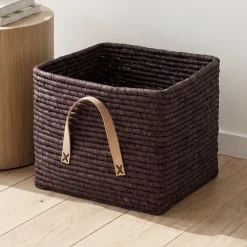 RICE Raffia kurv med læderhanke - Chokoladebrun