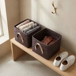 RICE Raffia kurv med læderhanke - Chokoladebrun
