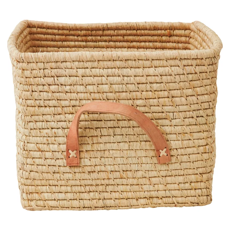 RICE Raffia kurv med læderhanke - NATUR