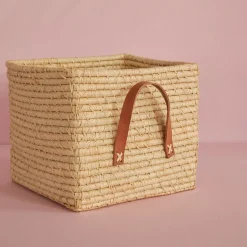 RICE Raffia kurv med læderhanke - NATUR
