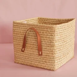 RICE Raffia kurv med læderhanke - NATUR