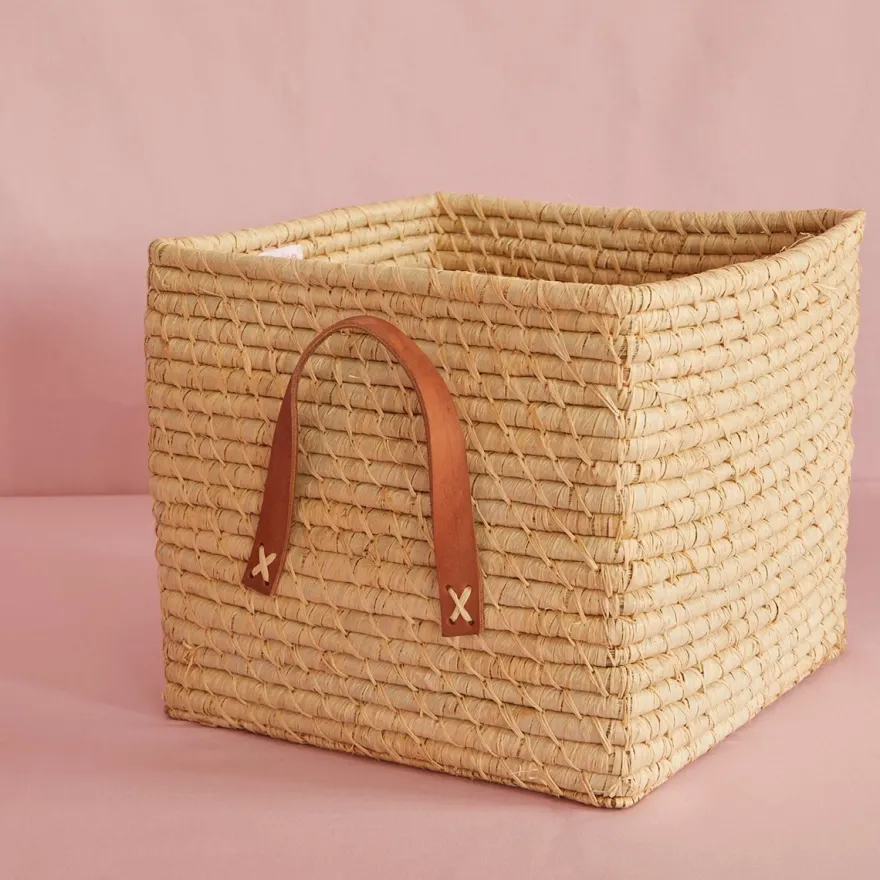 RICE Raffia kurv med læderhanke - NATUR