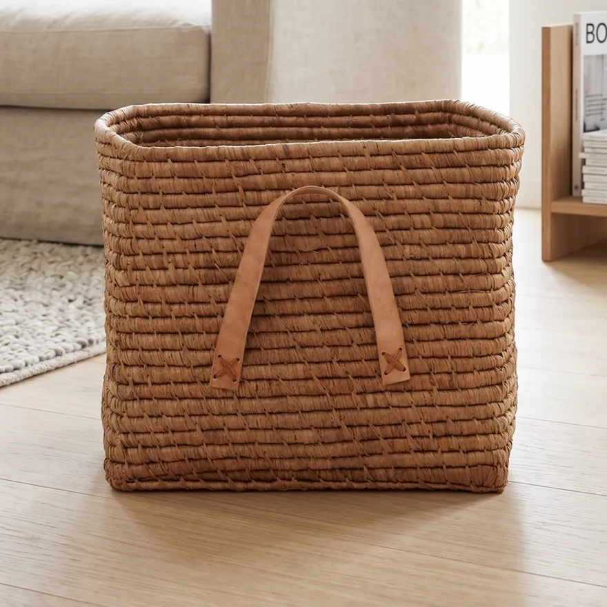RICE Raffia kurv med læderhanke - TEA