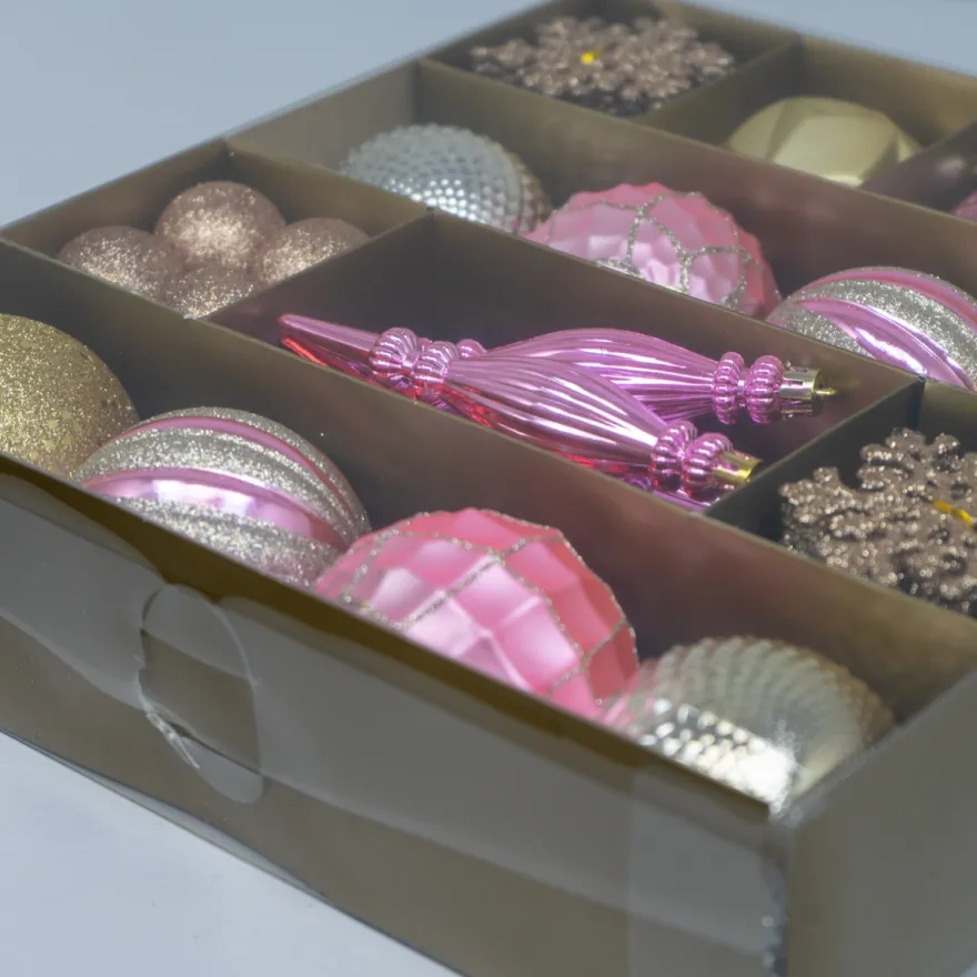 Æske med Julekugler og ophæng i Plast, MAGIC - Pink