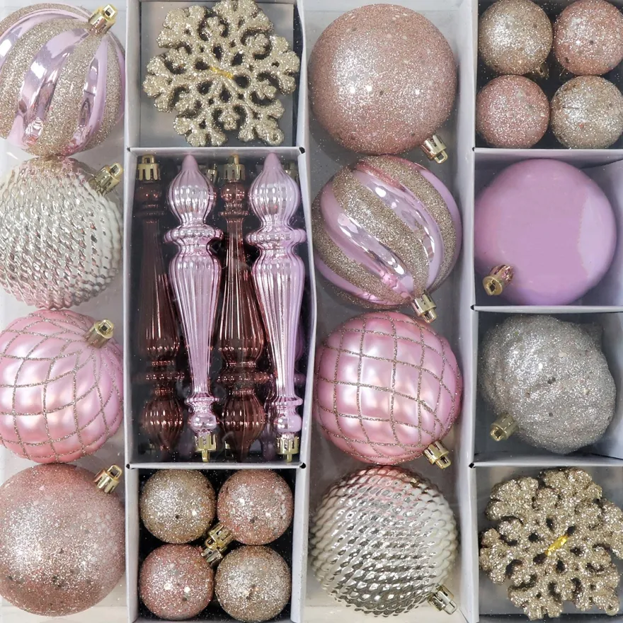 Æske med Julekugler og ophæng i Plast, MAGIC - Pink
