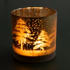 Stor Lysestage i glas - Vinterscenen - GULD Ø15 cm