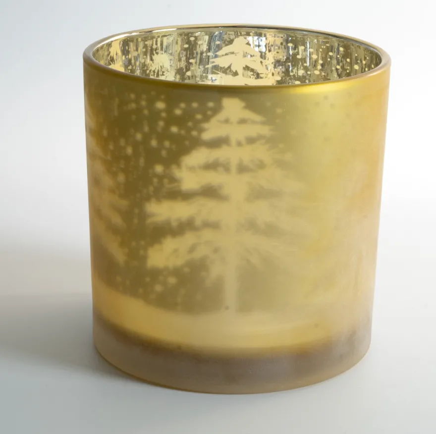 Stor Lysestage i glas - Vinterscenen - GULD Ø15 cm