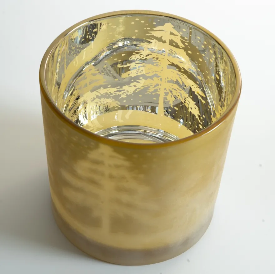 Stor Lysestage i glas - Vinterscenen - GULD Ø15 cm
