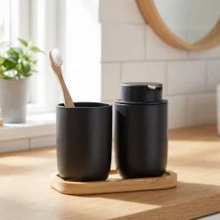 Tandbørstekrus og Sæbedispenser på Bambusbakke , Sort