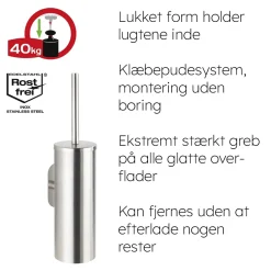 Toiletbørste med holder med selvklæbende tape. RUSTFRIT STÅL