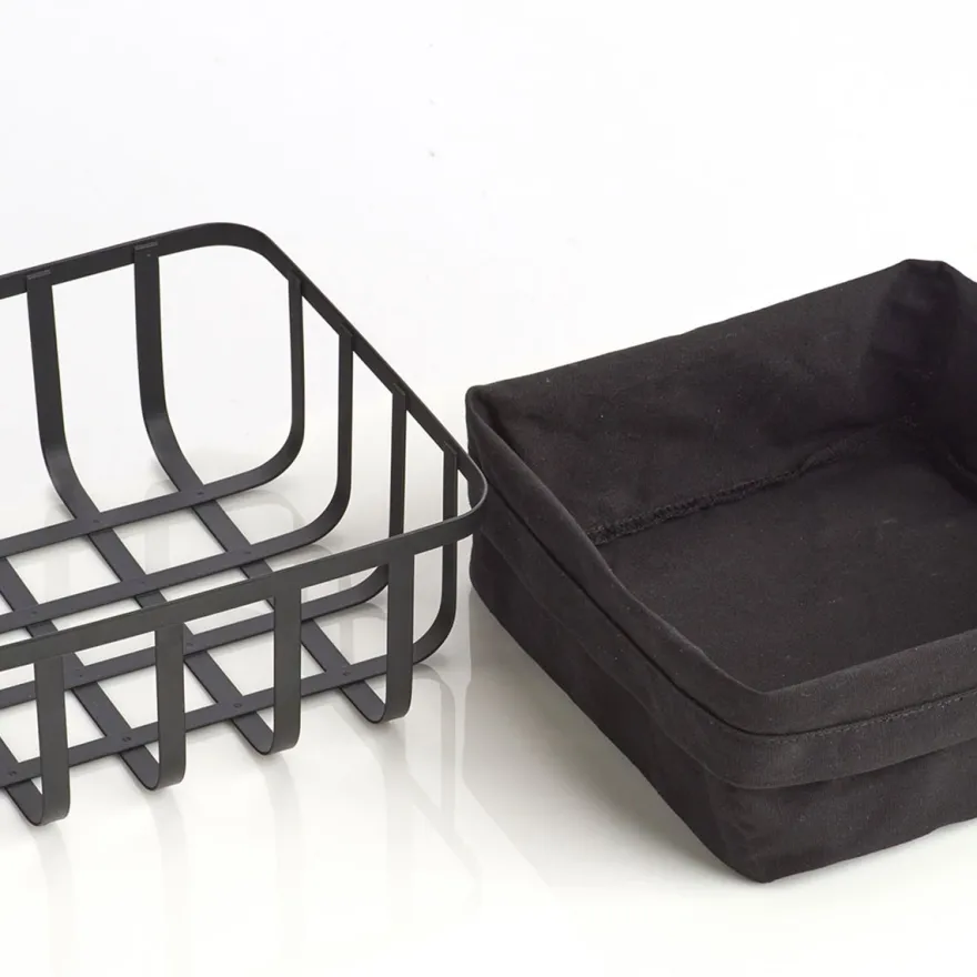 Zeller brødkurv i sort metal med stofpose - 22x22 cm