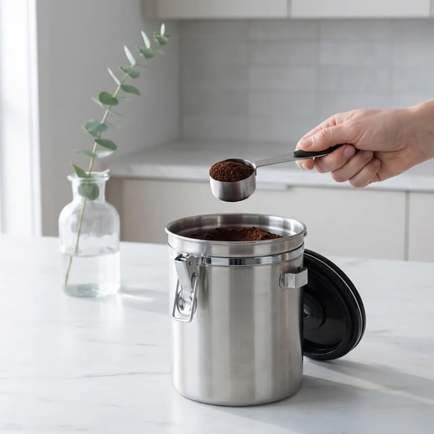 Zeller Lufttæt kaffedåse med ske - 1700ml. - Rustfrit stål