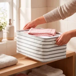 Zeller Opbevaringskurv i Kanvas - Hvid/Grå Striber, Large