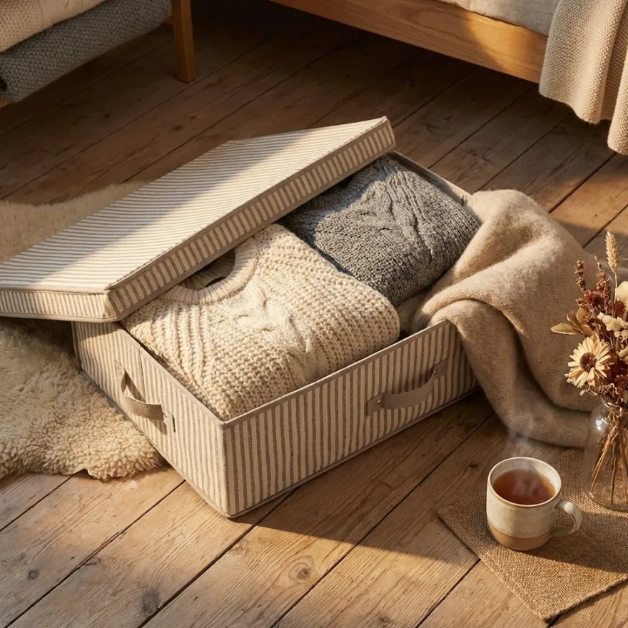 Zeller Stofkasse med låg - "Alberte" BEIGE Stripes